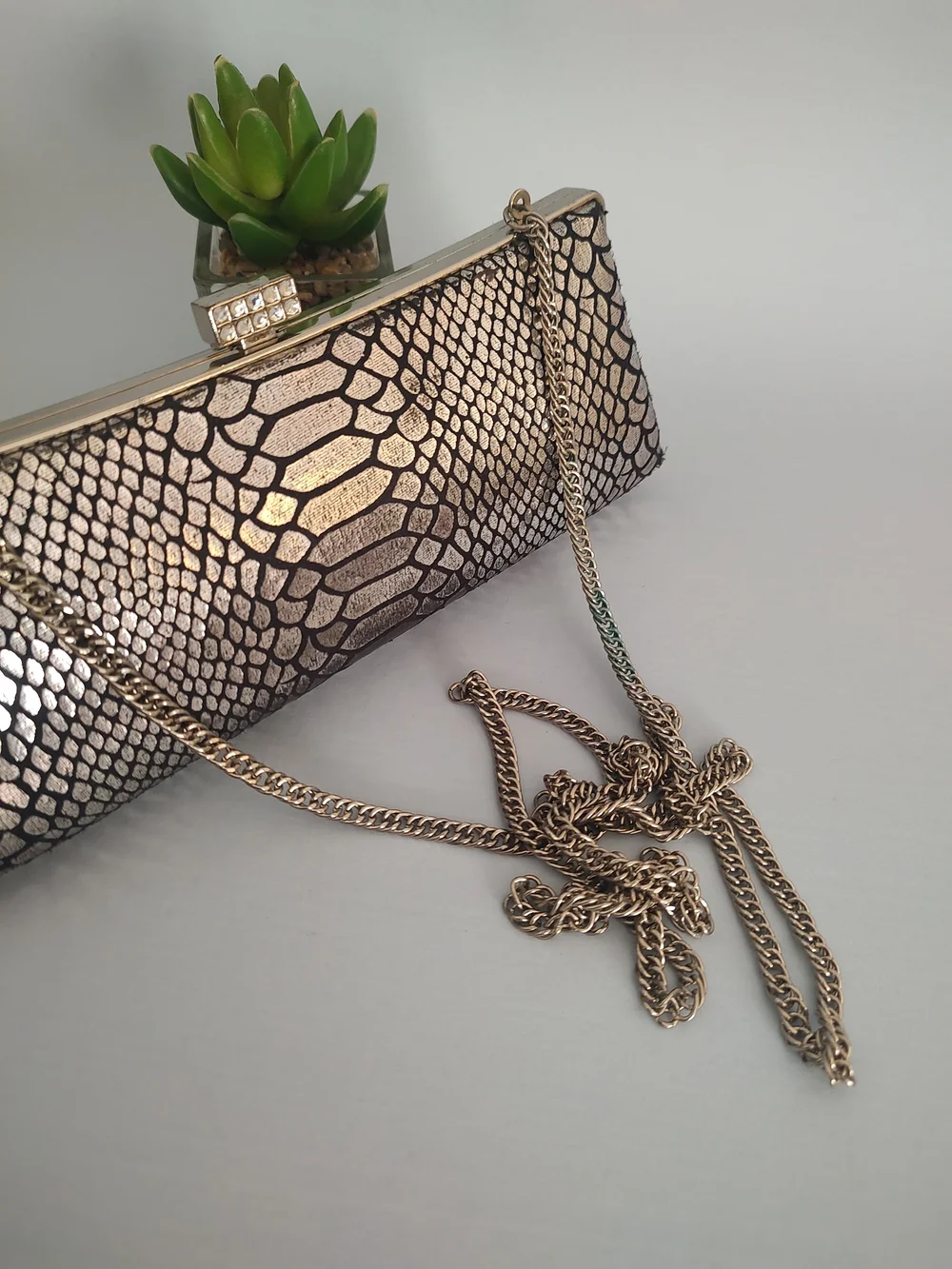 Metallic Snake-Print Evening Clutch with Chain Strap